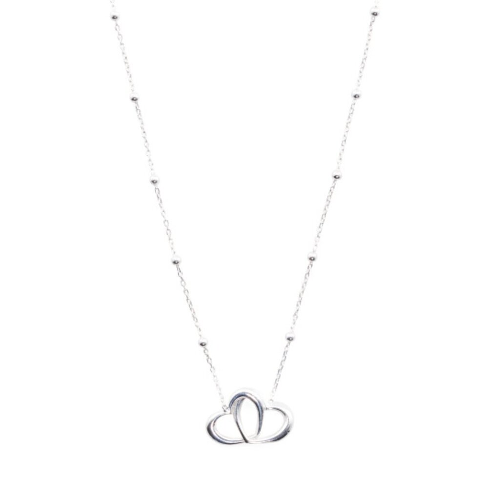 Lucia Mara Sterling Silver Double Heart Necklace Made in Italy Beaded Chain 18"